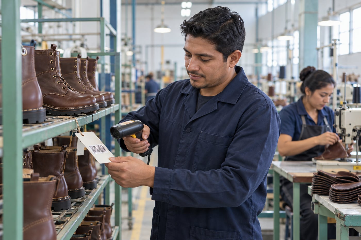 Supervisor consultando una tarjeta de lote con un lector de códigos de barras